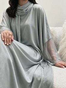Yasmyna Gaun Abaya Model Batwing Chiffon Abu-abu Muda dengan Hijab, Kaftan Longgar dan Sopan untuk Wanita, Gaun Pesta Malam Panjang untuk Musim Gugur - Biru - View 9