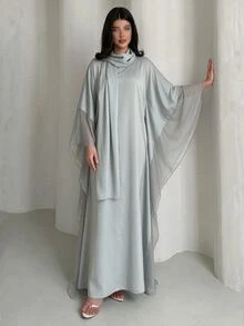 Yasmyna Gaun Abaya Model Batwing Chiffon Abu-abu Muda dengan Hijab, Kaftan Longgar dan Sopan untuk Wanita, Gaun Pesta Malam Panjang untuk Musim Gugur - Biru - View 6