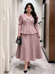 Modelyn Plus Size Elegant Commuter Jacquard Patchwork Shirt & Skirt 2 Pieces Set - Dusty Pink - View 1
