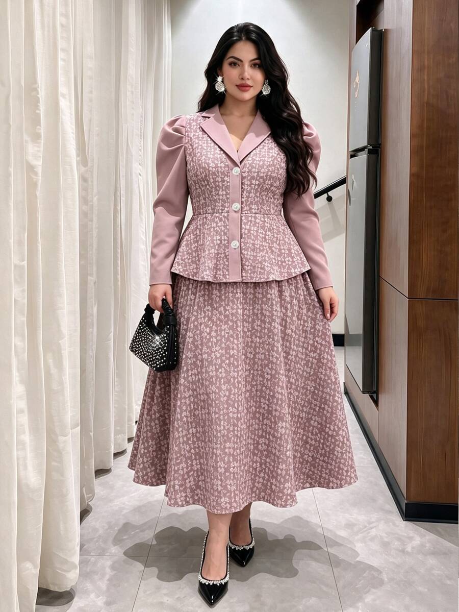 Modelyn Plus Size Elegant Commuter Jacquard Patchwork Shirt & Skirt 2 Pieces Set - Dusty Pink - View 1