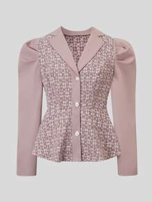 Modelyn Plus Size Elegant Commuter Jacquard Patchwork Shirt & Skirt 2 Pieces Set - Dusty Pink - View 5