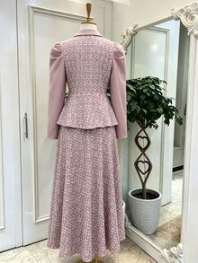 Modelyn Plus Size Elegant Commuter Jacquard Patchwork Shirt & Skirt 2 Pieces Set - Dusty Pink - View 2