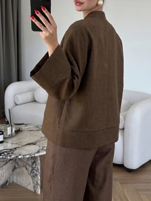 Modelyn قميص فضفاض بمقاس كبير من قماش ثنائي اللون بتصميم أزرار أمامية، أسلوب كاجوال، مناسب للارتداء اليومي في الربيع والخريف - بني - مشاهدة 2