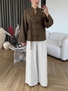 Modelyn قميص فضفاض بمقاس كبير من قماش ثنائي اللون بتصميم أزرار أمامية، أسلوب كاجوال، مناسب للارتداء اليومي في الربيع والخريف - بني - مشاهدة 7