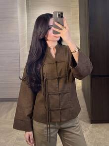 Modelyn قميص فضفاض بمقاس كبير من قماش ثنائي اللون بتصميم أزرار أمامية، أسلوب كاجوال، مناسب للارتداء اليومي في الربيع والخريف - بني - مشاهدة 1