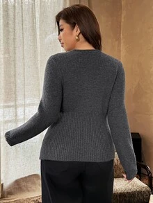 Vionelle Plus Size Women's Grey Twisted Front Deep V-Neck Ribbed Knit Long Sleeve Slim Fit Flattering Pullover Sweater Office Vacation Formal Autumn Casual - Dark Grey - View 2
