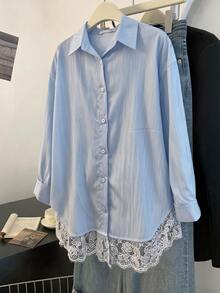 Franclia Plus Size Women's Elegant Solid Color Long Sleeve Lace Trim Patchwork Loose Fit Spring Autumn Blouse - Blue - View 8
