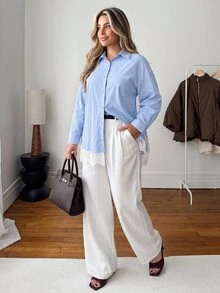 Franclia Plus Size Women's Elegant Solid Color Long Sleeve Lace Trim Patchwork Loose Fit Spring Autumn Blouse - Blue - View 6