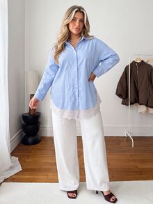Franclia Plus Size Women's Elegant Solid Color Long Sleeve Lace Trim Patchwork Loose Fit Spring Autumn Blouse - Blue - View 5