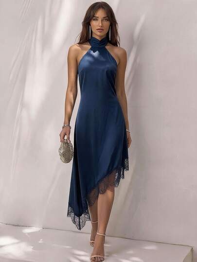 Glamine Women's Elegant Halter Neck Dress, Bold Backless Design With Large Bow, Satin Material, Lace Asymmetrical Hem, Halter Neck Dress, Satin Lace Dress, Spring Cocktail Party Dress, Party Dress, Spring Wedding Guest Dress, Beach Evening Gown, Vacation Dress, Date Night Outfit, Vacation Style Outfit