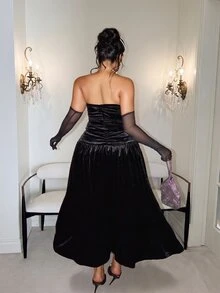 GalTyme Plus Size Women Solid Color Pleated Casual Party Strapless Dress Winter - Black - View 2