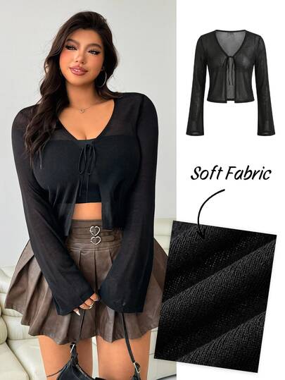 Solflare Cardigan corto de manga larga con lazo delantero para mujer talla grande, color liso, ropa de otoño, sexy, negro, casual de negocios, normal, para noche, vacaciones, oficina y club