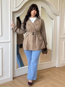 GalTyme Plus Size Women's Solid Color Double-Breasted Long Sleeve Casual Commuter Jacket Fall - Khaki - View 5