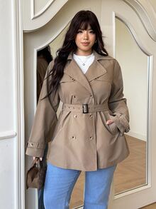 GalTyme Plus Size Women's Solid Color Double-Breasted Long Sleeve Casual Commuter Jacket Fall - Khaki - View 4