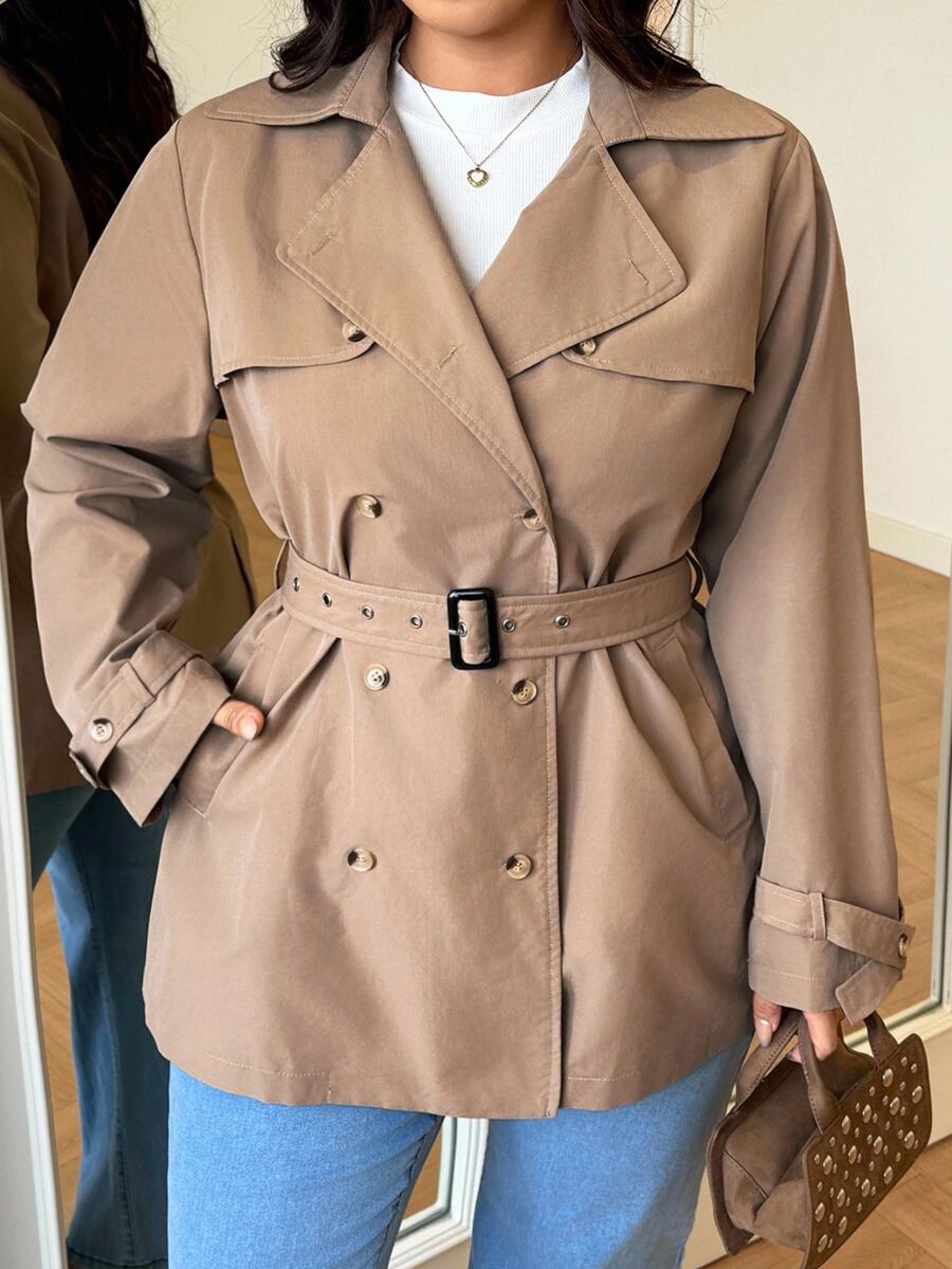 GalTyme Plus Size Women's Solid Color Double-Breasted Long Sleeve Casual Commuter Jacket Fall - Khaki - View 1