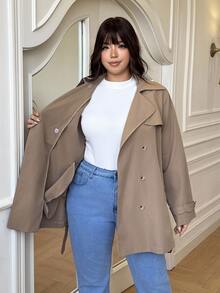 GalTyme Plus Size Women's Solid Color Double-Breasted Long Sleeve Casual Commuter Jacket Fall - Khaki - View 7