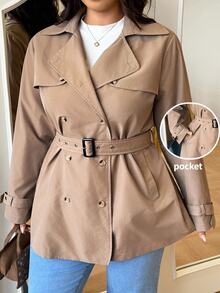 GalTyme Plus Size Women's Solid Color Double-Breasted Long Sleeve Casual Commuter Jacket Fall - Khaki - View 6