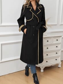 SHEIN Clasi 女款秋季休閒優雅拼色飾邊雙排扣風衣 教師節辦公穿搭 黑色 - 彩色 - 查看 5