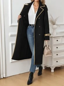 SHEIN Clasi 女款秋季休閒優雅拼色飾邊雙排扣風衣 教師節辦公穿搭 黑色 - 彩色 - 查看 6