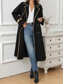 SHEIN Clasi 女款秋季休閒優雅拼色飾邊雙排扣風衣 教師節辦公穿搭 黑色 - 彩色 - 查看 7