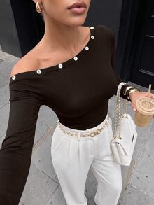 Lavishia Women's Elastic And Skin-Friendly Brown Metal Studded Eyelet Asymmetric Off Shoulder Long Sleeve Fitted Knit Top, Rivet Decor Top - Chocolate Brown - View 6