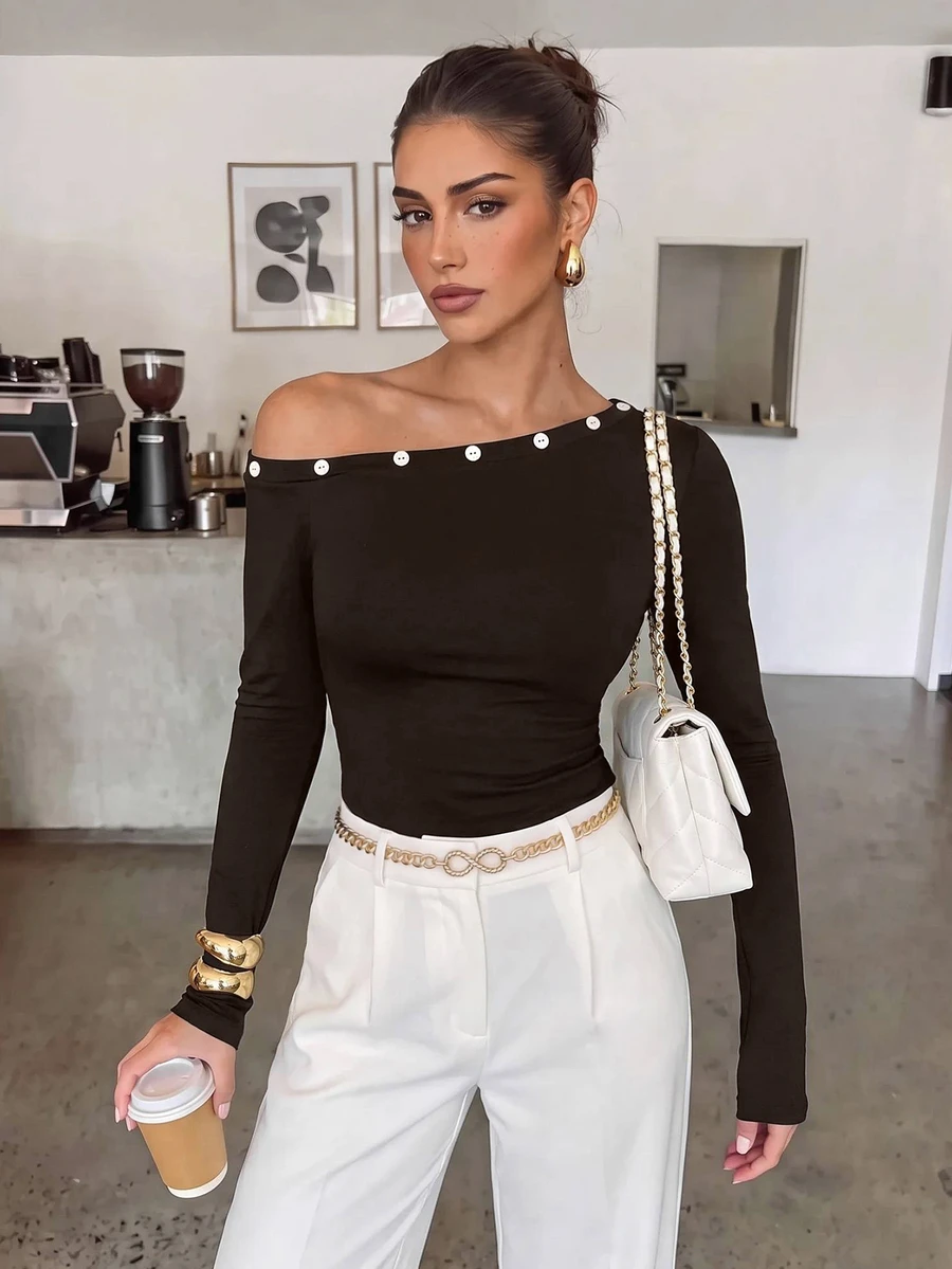 Lavishia Women's Elastic Skin-Friendly Black Metal Studded Eyelet Asymmetric Off Shoulder Long Sleeve Fitted Knit Top Rivet Decor Brunch Office Fall Elegant - Chocolate Brown - View 1