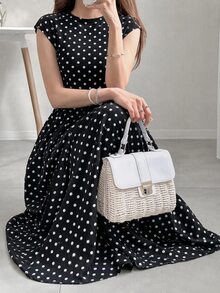 Easowa 女士波点图案圆领短袖优雅中长连衣裙 - 黑色 - 查看 3