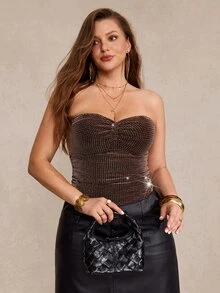 Freevana Women Sexy Sparkly Rhinestone Strapless Tube Top Y2K Ruched Glitter Party Clubwear Crop Top - Brown - View 4