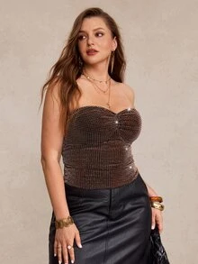 Freevana Women Sexy Sparkly Rhinestone Strapless Tube Top Y2K Ruched Glitter Party Clubwear Crop Top - Brown - View 3