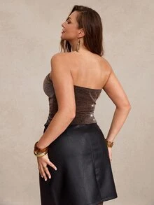 Freevana Women Sexy Sparkly Rhinestone Strapless Tube Top Y2K Ruched Glitter Party Clubwear Crop Top - Brown - View 2