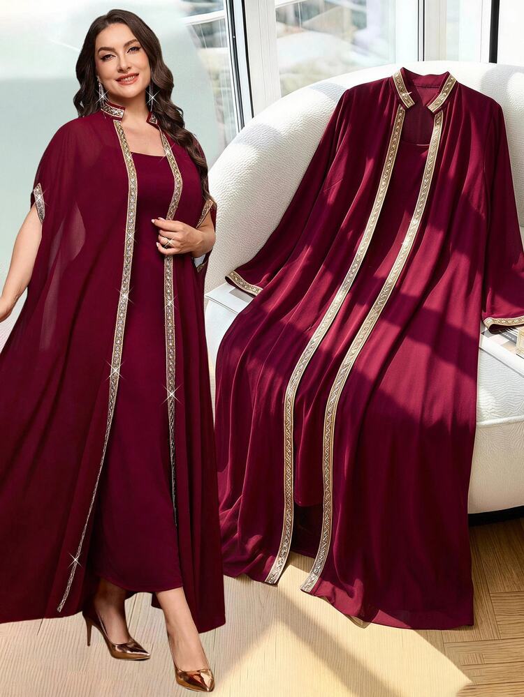 Reflora Set 2 Potong Elegan untuk Wanita Ukuran Plus dengan Hiasan Patchwork dan Trim Webbing: Jubah Panjang Lengan Kelelawar dan Gaun Cami - Burgundy - View 1