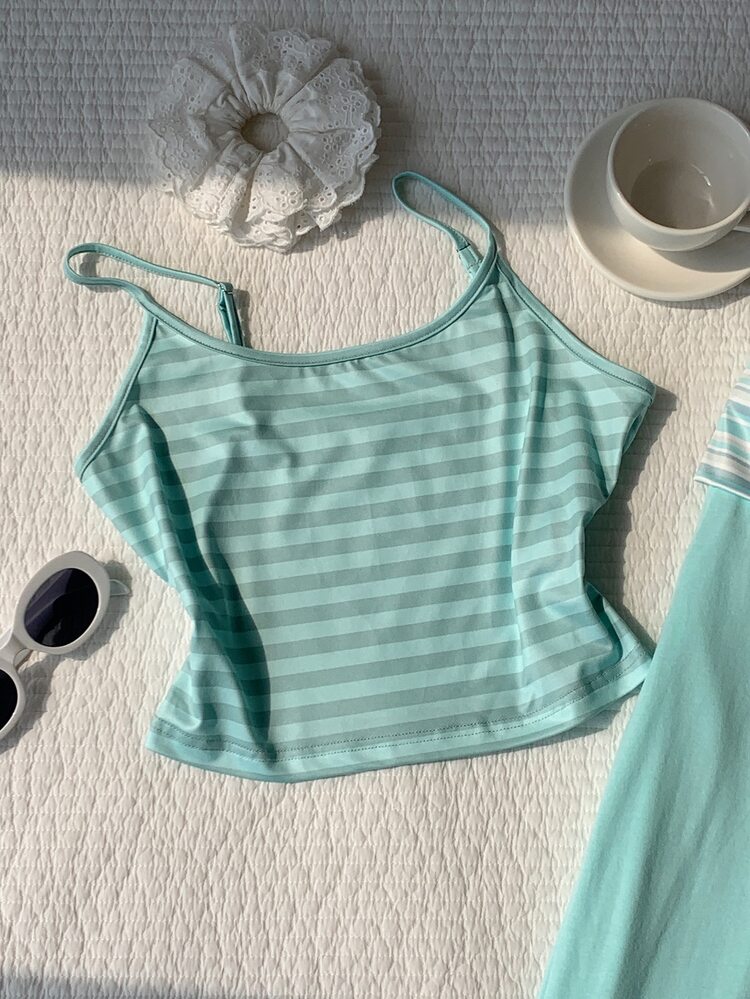 Comfortcana Women's Casual Street Striped Colorblock Camisole Tank Top - Mint Green - View 3