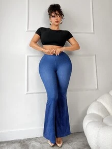 SHEIN PETITE CURVE 牛仔效果修身性感提臀喇叭裤，后腰收紧 - 藍色 - 查看 5