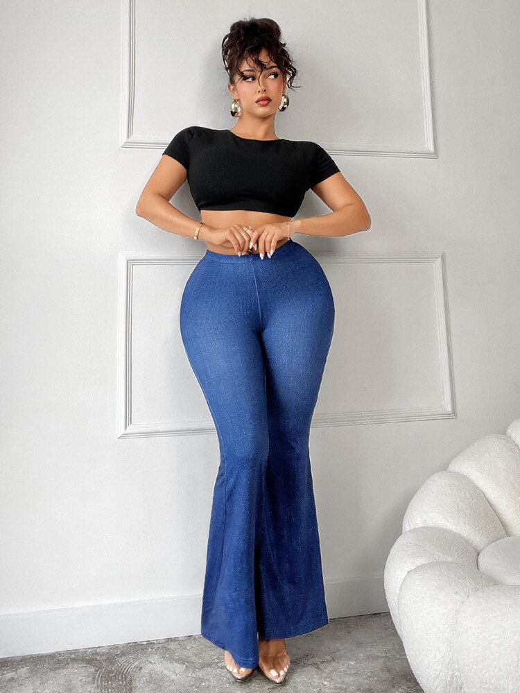 SHEIN PETITE CURVE 牛仔效果修身性感提臀喇叭裤，后腰收紧 - 藍色 - 查看 4