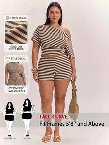SHEIN Tall CURVE 大尺碼女款條紋不對稱單肩短版上衣與短褲兩件套 - 彩色 - 查看 9
