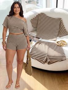 SHEIN Tall CURVE 大尺碼女款條紋不對稱單肩短版上衣與短褲兩件套 - 彩色 - 查看 1