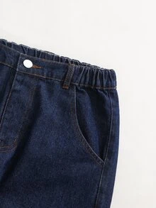 SHEIN 男童牛仔長褲 夏季海軍藍 直筒寬鬆版型 工裝口袋 柔軟面料 休閒街頭風 全季適用 校園度假 - 深色水洗藍 - 查看 8