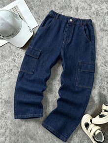 SHEIN 男童牛仔長褲 夏季海軍藍 直筒寬鬆版型 工裝口袋 柔軟面料 休閒街頭風 全季適用 校園度假 - 深色水洗藍 - 查看 3