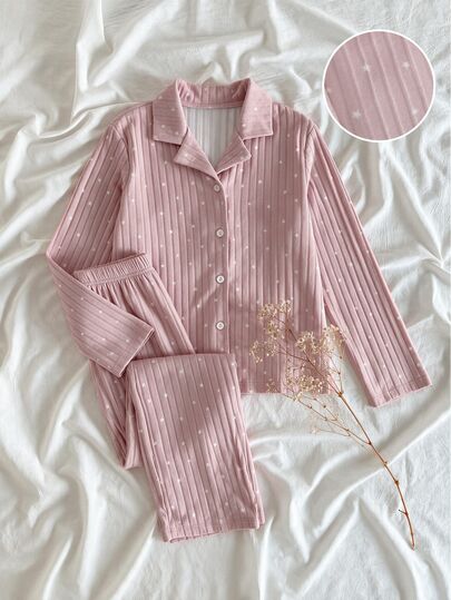Conjunto de pijama para niña, casual y lindo, para vacaciones y hogar, de punto con forro polar, suave, cómodo y cálido, estampado digital de corazones, rosa, con botones, cuello solapa, manga larga acanalada, pantalón largo de cintura elástica, versátil, para otoño e invierno, regreso a clases
