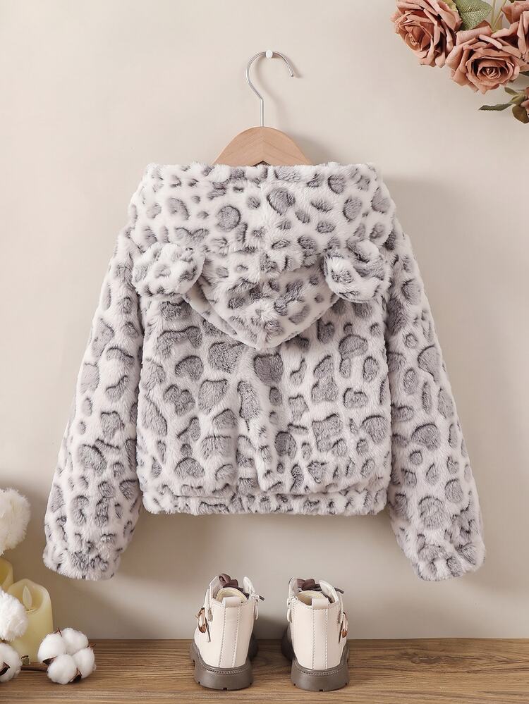 SHEIN Genkimix Kids جاكيت فرو ناعم لطيف بأذني دب للفتيات الصغيرات، بطبعة نمر وسحاب، دافئ وناعم للخريف/الشتاء - رمادي - مشاهدة 2