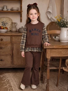 SHEIN Young Girls Brown Letter Graphic Tee Shirt Top With Ruffled Grid Hem And Cozy Elastic Waist Flared Sweatpants 2pcs Set For Toddler - Brown - View 1