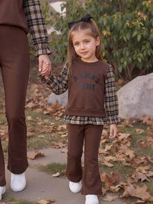 SHEIN Young Girls Brown Letter Graphic Tee Shirt Top With Ruffled Grid Hem And Cozy Elastic Waist Flared Sweatpants 2pcs Set For Toddler - Brown - View 4