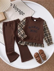 SHEIN Young Girls Brown Letter Graphic Tee Shirt Top With Ruffled Grid Hem And Cozy Elastic Waist Flared Sweatpants 2pcs Set For Toddler - Brown - View 5