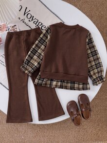 SHEIN Young Girls Brown Letter Graphic Tee Shirt Top With Ruffled Grid Hem And Cozy Elastic Waist Flared Sweatpants 2pcs Set For Toddler - Brown - View 2