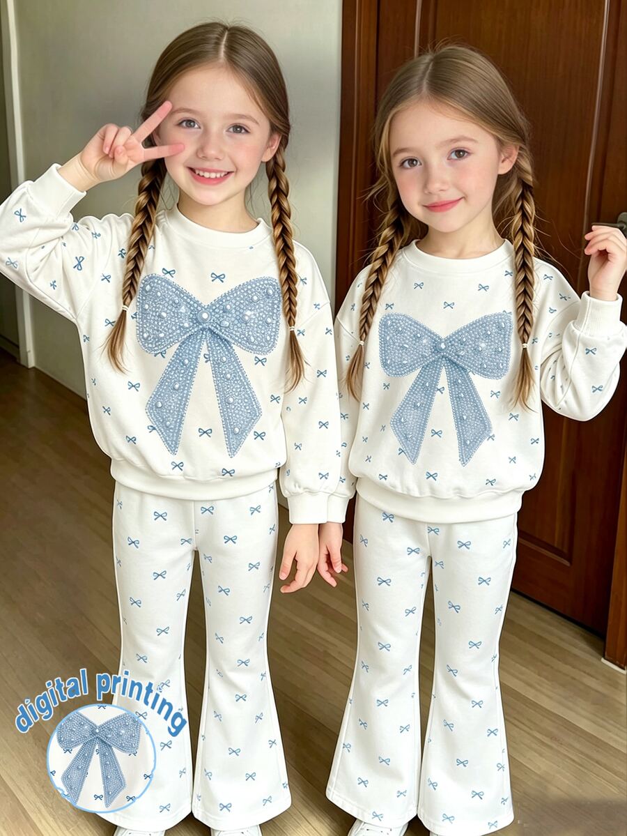 SHEIN Young Girls 2Pcs Fall Cute Pearl Bowknot Sweatshirt & Bow Print Flare Pants Cozy Loungewear Set, Casual Autumn Daily Wear - Multicolor - View 1