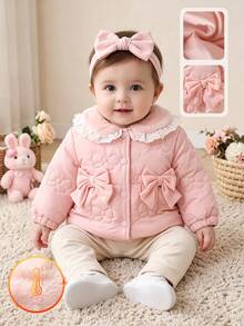 SHEIN Newborn Baby Girls Winter Fall Tops Fleece Jacket, Sweet Pink Embossed Bow Lace Trim Long Sleeve Warm Princess Coat - Baby Pink - View 5