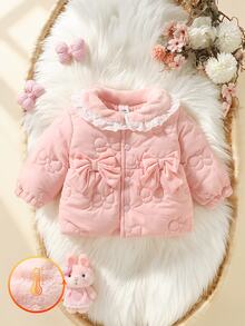 SHEIN Newborn Baby Girls Winter Fall Tops Fleece Jacket, Sweet Pink Embossed Bow Lace Trim Long Sleeve Warm Princess Coat - Baby Pink - View 2