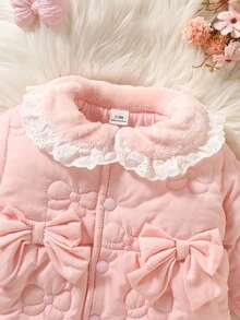 SHEIN Newborn Baby Girls Winter Fall Tops Fleece Jacket, Sweet Pink Embossed Bow Lace Trim Long Sleeve Warm Princess Coat - Baby Pink - View 6