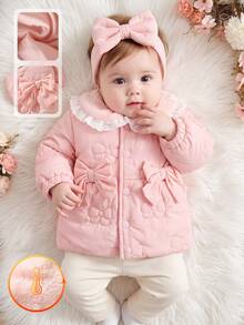SHEIN Newborn Baby Girls Winter Fall Tops Fleece Jacket, Sweet Pink Embossed Bow Lace Trim Long Sleeve Warm Princess Coat - Baby Pink - View 4