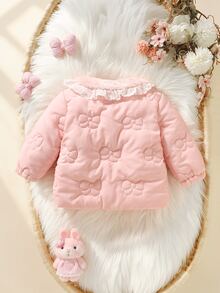 SHEIN Newborn Baby Girls Winter Fall Tops Fleece Jacket, Sweet Pink Embossed Bow Lace Trim Long Sleeve Warm Princess Coat - Baby Pink - View 3
